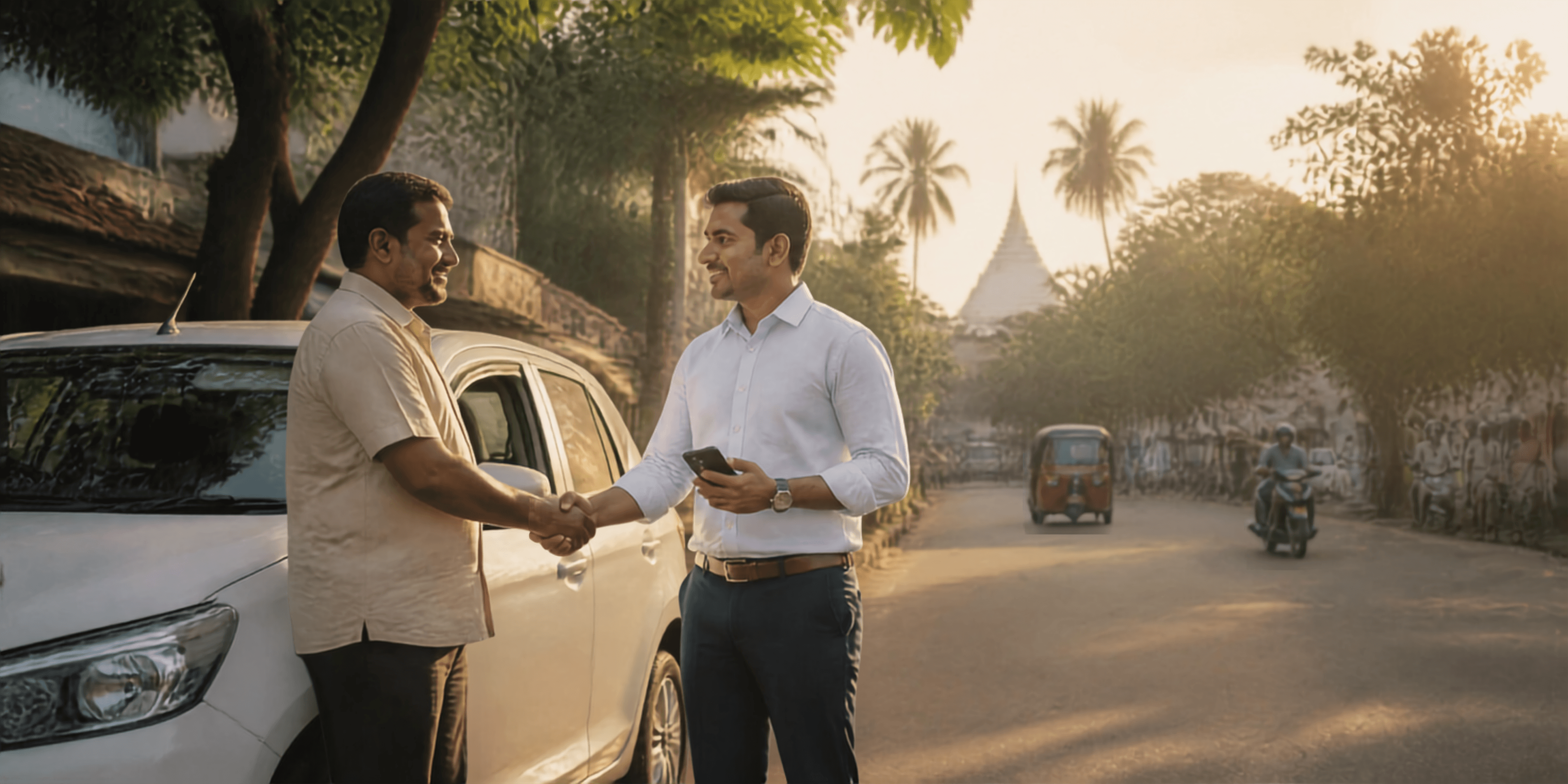 Two people shaking hands beside a car on a city street